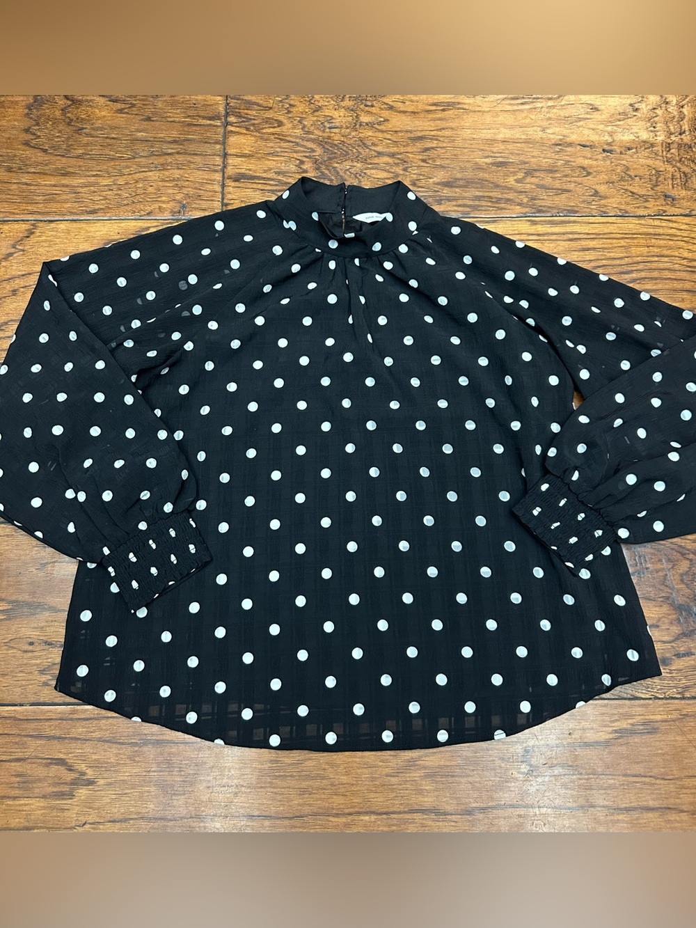 Nine West Black Polka Dot Mock-Neck Blouse with Smocked Cuffs